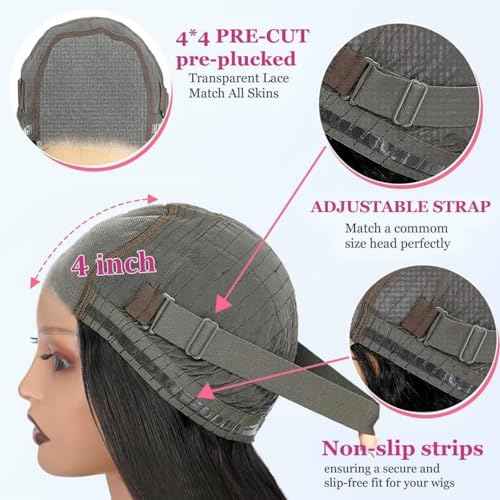 Wear and Go Glueless Bob Wig Human Hair Pre Plucked Pre Cut 4x4 HD Transparent Lace Front Wigs for Black Women Straight Short Bob Wigs Human Hair 180 Dentisty Natrual Color 12 Inch