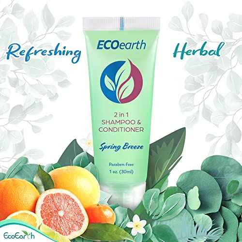 EcoEarth Travel Size Shampoo Conditioner 2-in-1 (1 fl oz, 200 PK, Spring Breeze) Delight Your Guests w/Revitalizing & Refreshing Conditioning Shampoo Amenities, Small Size Hotel Toiletries in Bulk
