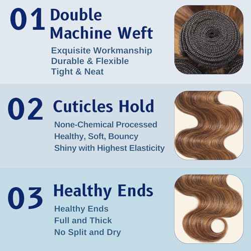 ALHER Body Wave Ombre Human Hair Bundles Honey Blonde Highlight Brown Colored Bundles 12A 100% Brazilian Virgin Remy Human Hair Soft Thick Wavy Weave P4/27 Highlight Piano Color 14 16 18 Inch