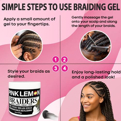 PINK LEMON Braiding Gel - Maximum Hold, No Flaking, Long Lasting Hold, High Shine. For Micro, Inter, Dread, Faux, Loc, Twist, Braid, Edge. (10 oz)