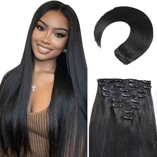 Clip in Hair Extensions Real Human Hair, 26 Inch 130g, 1B Natural Black, Invisible Seamless Straight Remy Human Hair Clip in Extensions for Women 8pcs Per Set with Double Weft