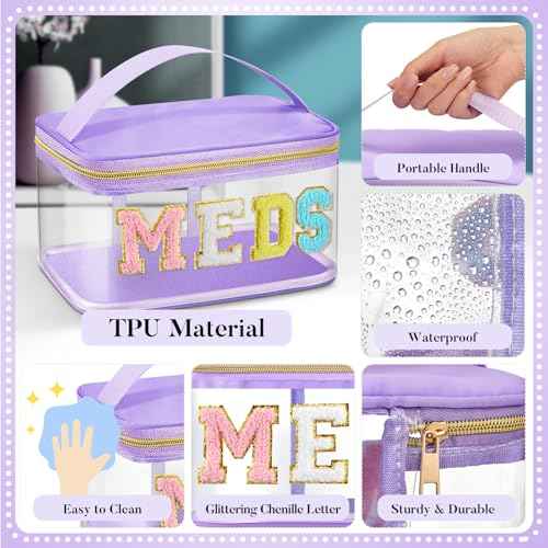 Geetery Chenille Letter Bag, Meds Cheer Travel Cases Cheerleader Gifts Cosmetic Bag Nylon Makeup Portable Preppy Patch with Zipper Toiletry Storage Case for Women(Purple,Meds)