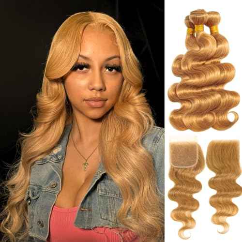 ALHER 12A Honey Blonde Body Wave Human Hair Bundles with Closure, Color #27 Sun-kissed Vibe Golden Blonde Wavy HD Transparent 4x4 Closure with 3 Bundles Soft Thick Sew In Weave Wavy 10 12 14+10