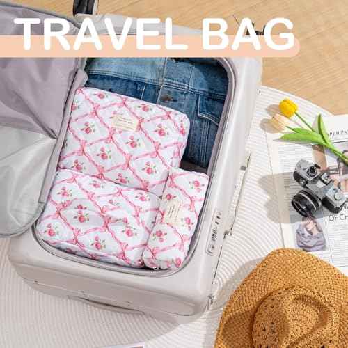 Makeup Bag for Women 3PCS Quilted Cotton Make Up Bag Travel Cosmetic Bag Large Makeup Bag Set Cute Bow Makeups Organizer Floral Toiletry Pouch for Purse, Pink
