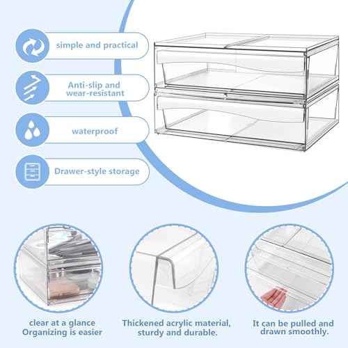Homeanda 4 Pack Clear Stackable Storage Drawers, 12.1''W Acrylic Plastic Organizers for Makeup, Nail Polish, Snacks, Beauty Supplies, Ideal for Vanity, Bathroom, Undersink, Cabinet, Desk Organization