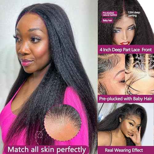 ZIYU Kinky Straight 13x4 Lace Front Wig Human Hair, Kinky Straight Wigs Human Hair Pre Plucked Hairline with Baby Hair, 180% Density Yaki Straight Frontal Wigs for Women Natural Black Color 14 Inch
