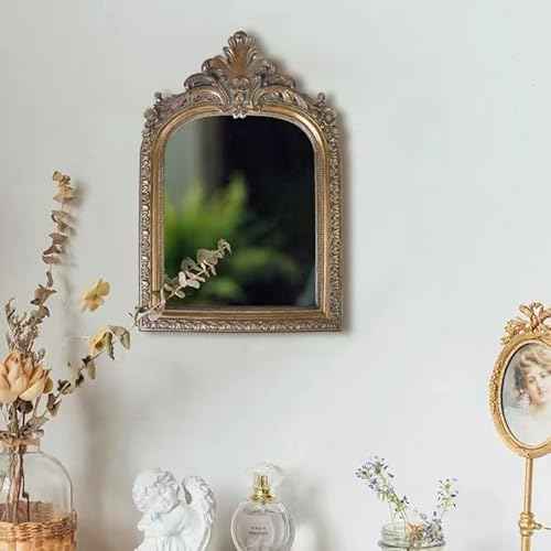 Bronze Vintage Vanity Desk Makeup Mirror Antique Decorative Wall Mirror,Resin Carved Arched Mirror for Living Room,Bedroom Dresser,Home Decor ? (Large)