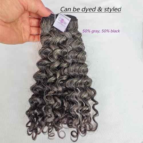 Raw Curly Salt and Pepper Gray Human Hair Bundles Unprocessed 16IN Grey Human Hair 1 Single Bundle, 5+ Years Long Lifespan 50% Grey Mixed 50% Black Color Virgin Hair Weave Weft by Clytie