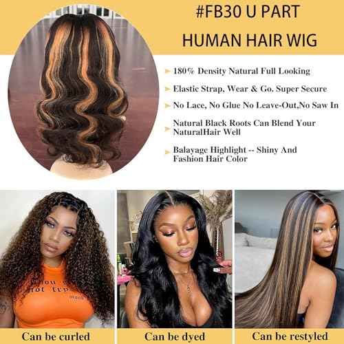 U Part Human Hair Wig Body Wave Highlight #1b/30 Ombre Brown Wig 180% Density U Part Wig Half Brazilian Virgin 100% Human Hair Wigs For Black Women Clip In Glueless No Leave Out Wig 22Inch