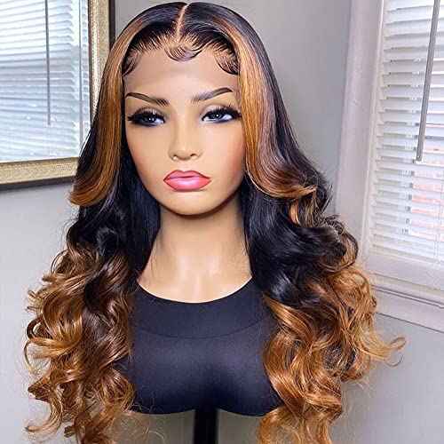 Body Wave Ombre Honey Blonde Highlights Human Hair Wig 13x4 Transprent HD Lace Frontal Wig Brazilian Human Hair Wigs Pre Plucked With Baby Hair 150% Density (18Inch)