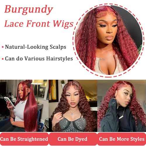 13x4 Lace Frontal Wigs Human Hair 99j Deep Wave Wigs Pre Plucked Wet and Wavy 180% Density Color Curly Human Hair Wigs for Black Women Natural Hairline (Burgundy Wig, 26 Inch)