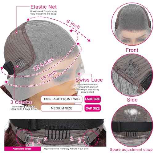 13X6 18inch 99J 230% Density Bob Body Wave Burgundy Wig Human Hair Bob Wig Human Hair Body Wave Lace Front Wigs Human Hair Pre Plucked With Baby Hair HD Transparent Lace Frontal Wig