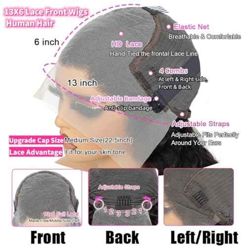 JTMMP 13x6 Deep Wave Lace Front Wigs Human Hair 200% Density 26 Inch Curly Human Hair Wig for Women Natural Black HD Transparent Lace Glueless Frontal Wigs Human Hair Pre Plucked
