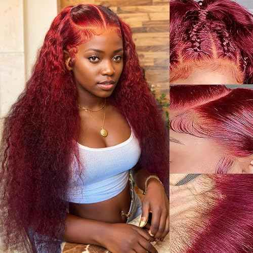 Curly Burgundy Lace Front Wigs Human Hair 13x4 99J Red Curly Lace Front Wig Human Hair 180% Density HD Transparent Frontal Wig Colored Pre Plucked with Baby Hair Glueless Wigs (20 Inch, #99J Curly)