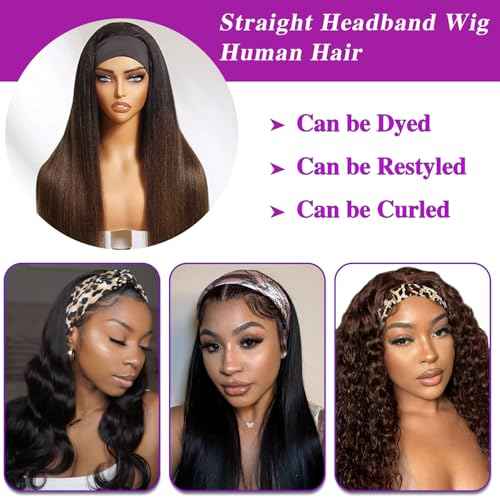 Headband Wig Human Hair Straight Chocolate Brown 18 Inch Headband Wigs for Black Women Glueless None Lace Front Wig Brazilian Virgin Human Hair Wigs 150% Density