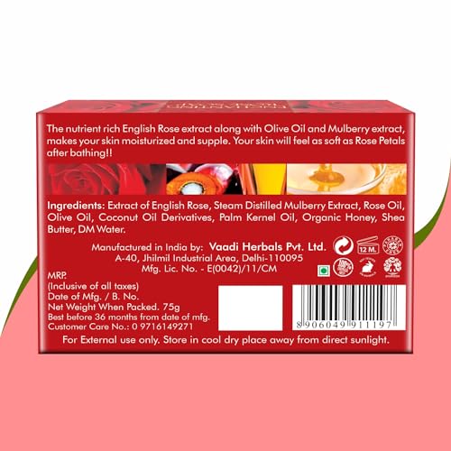 Vaadi Herbals Red Rose Petal Bar Soap with Honey and Aloe Vera Extracts - Handmade Herbal Soap with 100% Pure Essential Oils - ALL Natural - Each 2.65 Oz - Pack of 3 (8 Oz)