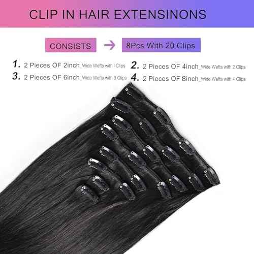 Clip in Hair Extensions Real Human Hair, 26 Inch 130g, 1B Natural Black, Invisible Seamless Straight Remy Human Hair Clip in Extensions for Women 8pcs Per Set with Double Weft