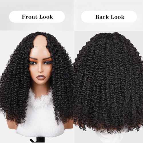 ISEE V Part Human Hair Kinky Curly Minimal/No Leave Out Upgrade U Part Wig for Black Women Human Hair V Shape Wig Kinky Curly Thin Part Glueless Clip In Half Wig 180% Density Natural Color 18 Inch