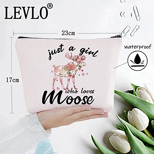 LEVLO Funny Moose Cosmetic Make up Bag Animal Lover Gift Just A Girl Who Loves Moose Makeup Zipper Pouch Bag Moose Lover Gift For Women Girls (Just Moose Bag)