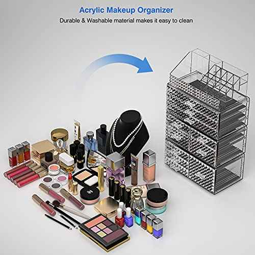 Awenia 4 Pack Stackable Makeup Organizer[Upgraded],Acrylic Cosmetics Storage Large Capacity with 11 Drawers For Brush Holder,Perfume or Jewelry Display,Plus Size| Ship from USA(Clear)