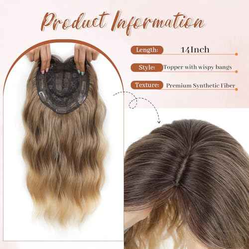 MARJORIE Hair Topper,Wavy Hair Toppers for Women 14inch Natural Looking Hairpiece with Wispy Bangs, Volume Booster Wiglet for Full Coverage, Quick Styling for Party/Date Night/Social/Content Creators