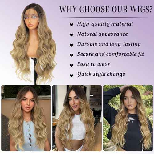 AISI HAIR 13¡¿4 HD Mixed Blonde Lace Front Wigs for Women Pre-Plucked Long Body Wavy Synthetic Lace Mixed Blonde Wig with Baby Hair for Beginner Friendly Free Part 28 Inch