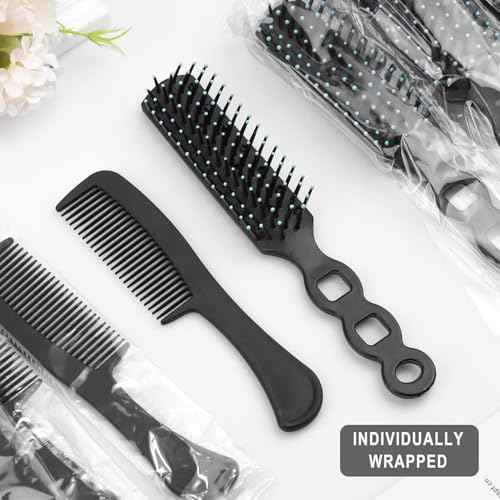 200 Pcs Hair Brush and Comb Set in Bulk for Homeless Individually Wrapped, Bulk Comb Brush Hairbrush for Women Kids Hotel Homeless Charity (Black)