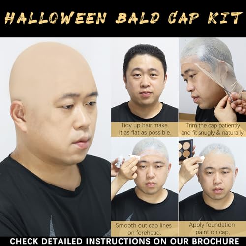 Halloween Bald Caps Costume Kit for Woman & Men - Realistic Latex Bald Cap with Adhesive Glue & Remover - Complete Makeup Set for Halloween, Zombie, Cosplay, Costume, SFX, Dress-Up Party