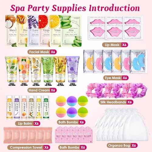 60PCS Spa Party Supplies for Girls, Include Face Masks, Hand Cream, Lip Balm, Foot Bath Bombs, Lip Mask, Under Eye Patches, Compressed Towels, Spa Birthday and Sleepover Party Supplies for Girls Women