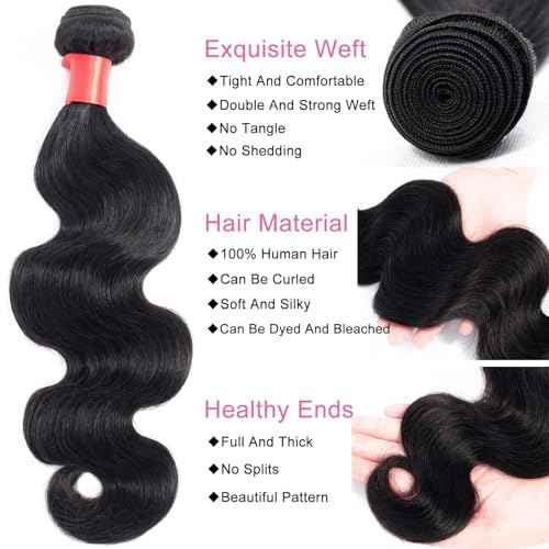 Douyin Brazilian Body Wave 3 Bundles Human Hair 18 20 22 Inch 12A 100% Unprocessed Virgin Human Hair Weave Bundles Deals Natural Black Color (1B Black£¬18 20 22)