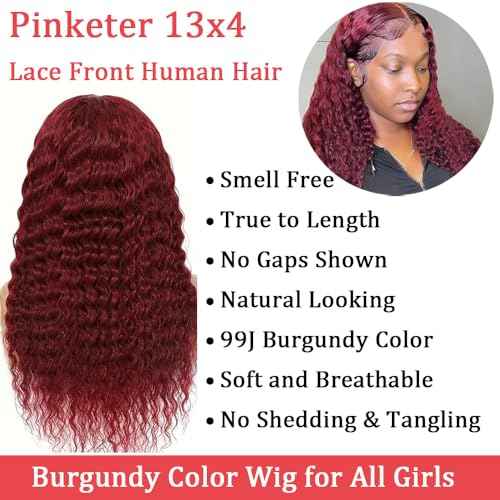 13x4 Lace Frontal Wigs Human Hair 99j Deep Wave Wigs Pre Plucked Wet and Wavy 180% Density Color Curly Human Hair Wigs for Black Women Natural Hairline (Burgundy Wig, 26 Inch)