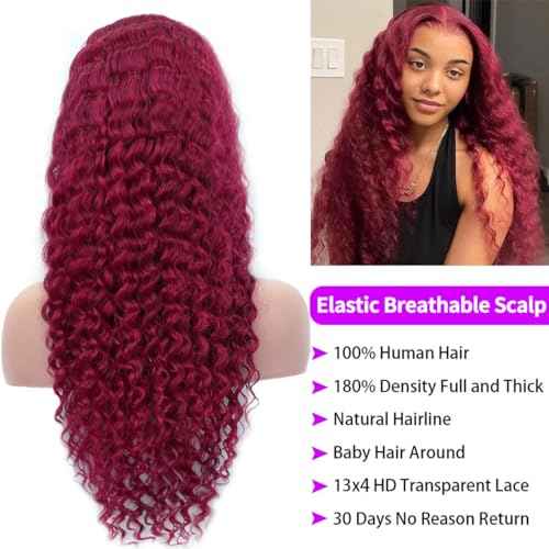 99j Burgundy Lace Front Wigs Human Hair 13x4 Frontal Transparent Lace Deep Wave Wig Human Hair Red Frontal Wigs Human Hair (22 Inch)
