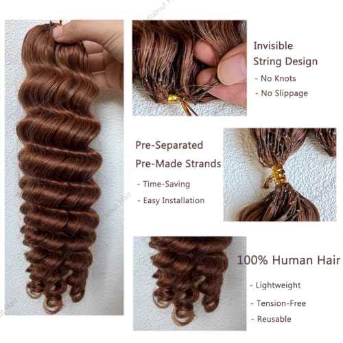 Deep Wave Crochet Human Hair Extensions Brazilian Virgin Feather Human Hair Bundles Pre Separated Braiding Hair Pre Looped for Boho Braids For Black Women Walnut Hair #30 Hair Color 16inch 60g