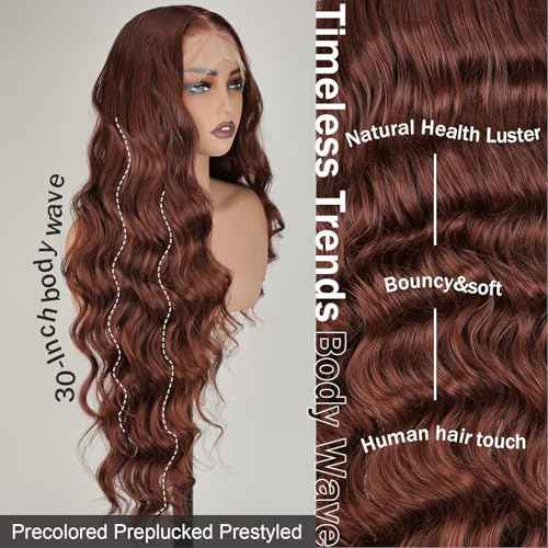 Wave Hair Reddish Brown Pre-plucked Hairline with Baby Hair 13 * 6 Transparent HD Front Lace Wigs 32 inch Synthetic Wig Body Wave Style for Women Wear Heat-resistant Fiber