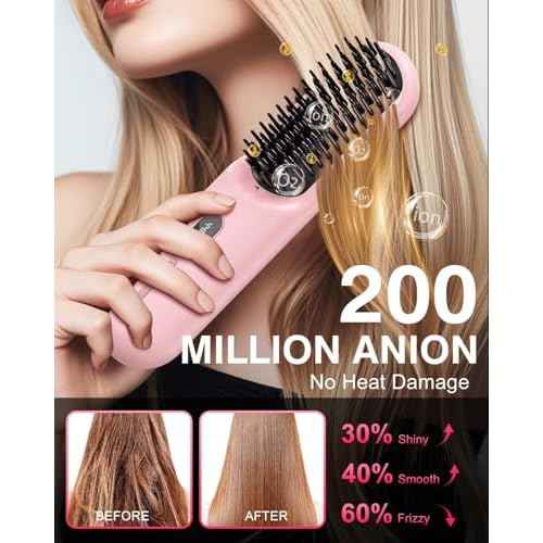 Sunwhisper Cordless Hair Straightener Brush with 200 Million Anion, Portable Cordless Straightener Comb for Travel with LCD Display (2 Clips,Pink)