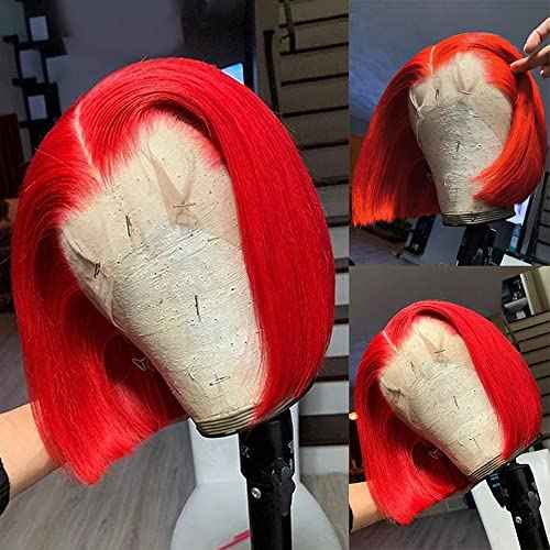 Pre Plucked HD Transparent 13X4 Straight Red Blunt Cut Bob Wig Human Hair Lace Frontal Wig With Baby Hair Natural Hairline Glueless 100% Unprocessed Human Hair Red Bob Wigs Lace Front With Black Women