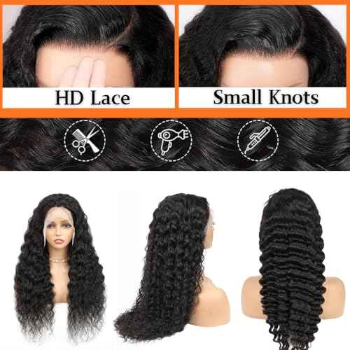 13x6 Deep Wave Lace Front Wigs Human Hair Pre Plucked with Baby Hair Deep Curly Frontal Wig 200 Density Natural Black for Women
