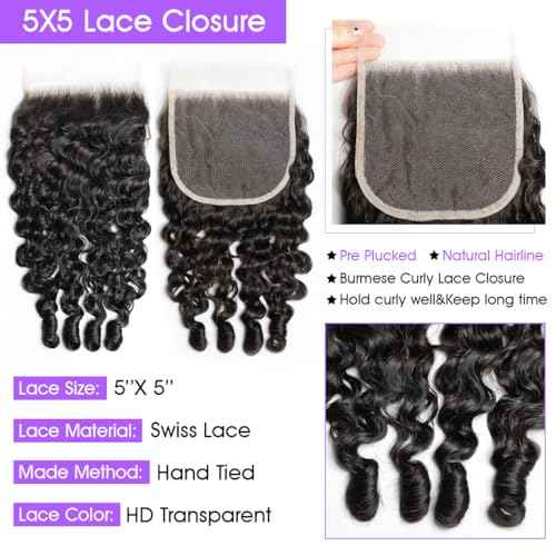 Lemoda 5x5 Closure Burmese Curly HD Transparent Lace Closure 12A Burmese Virgin Human Hair Closure Pre Plucked with Baby Hair Natural Black 20 Inch