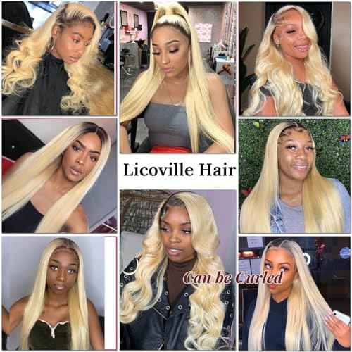 Licoville Ombre Blonde Lace Front Wig Human Hair, 1B/613 13x4 Lace Front Wig Human Hair Pre Plucked, 22 Inch Blonde Dark Roots Wig Human Hair HD Lace Straight Glueless