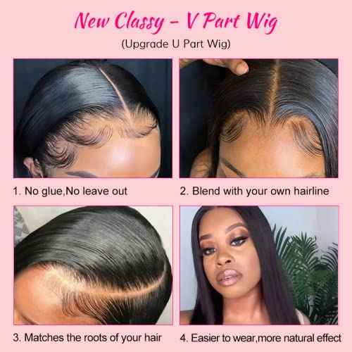 200% Density V Part Wig Human Hair Straight Human Hair Glueless Wigs with Drawstring Upgrade U Part Human Hair Wig for Women No Leave Out No Sew In Natural Color 20 Inch