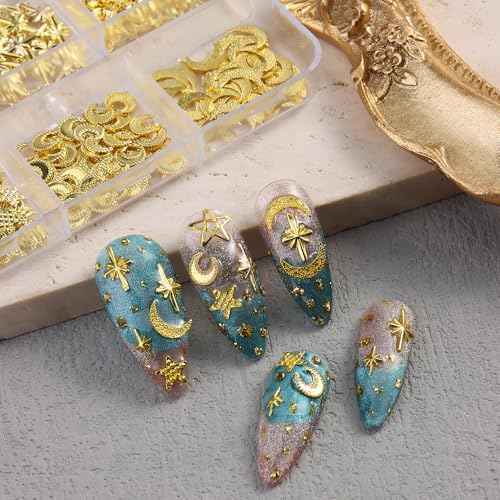 Gold Nail Charms, 2Boxes Gold Star Ocean Nail Gems Charms, Metal Small Star Moon Seashell Starfish Summer Charms for Acrylic Nail Art Alloy Nail Rhinestones for Women DIY Accessories