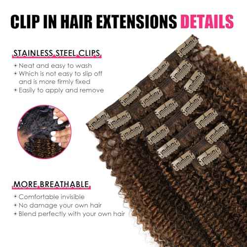 Kinky Curly Clip in Hair Extensions 120g Double Weft Curly Hair Extensions #P4/27 Dark Brown Highlight Blonde Kinky Curly Clip ins Remy Human Hair Clip in Extensions 7Pcs 18 Inch