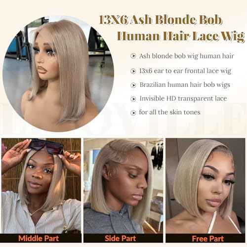 Ash Blonde Bob 13x6 HD Lace Front Wigs Human Hair 180% Density Blonde Bob Wig Human Hair Deep Part 14 Inch Silky Straight Ash Blond Wig for Black Women Pre Plucked Hairline