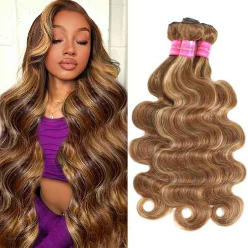 Ombre #4/27 Human Hair Bundles Body Wave 3 Bundles (20 22 24 inches) Honey Blonde Highlight Brown Colored 12A Brazilian Virgin Human Hair Body Wave Bundles 100% Unprocessed Double Weft