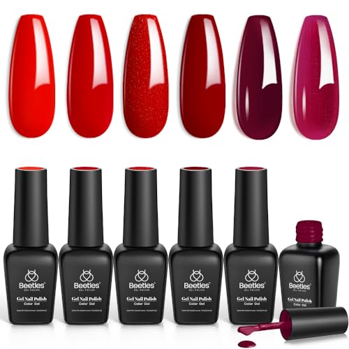 Beetles Red Gel Nail Polish Set - 6 Colors Bloody Mary Collection Popular Shimmer Red Burgundy Gel Polish Kit Nail Art Design Soak Off Uv LED Gel Nail Kit Minicure DIY Home Gifts for Mom