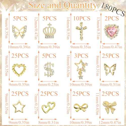 180PCS Gold Nail Charms: Cross Crystal Star, 3D Gold Butterfly, Sparkly Crown, Shiny Dollar Sign, Bling Cross Bowknot Starlight for Nail Art and DIY