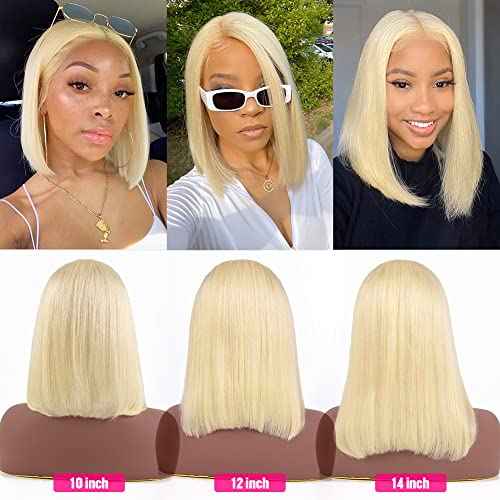 Flady 14 inch Blonde Bob Wig Human Hair 13x4 HD Lace Front Wigs Pre Plucked Hairline 180% Density Glueless Blunt Cut Straight Bob Wig