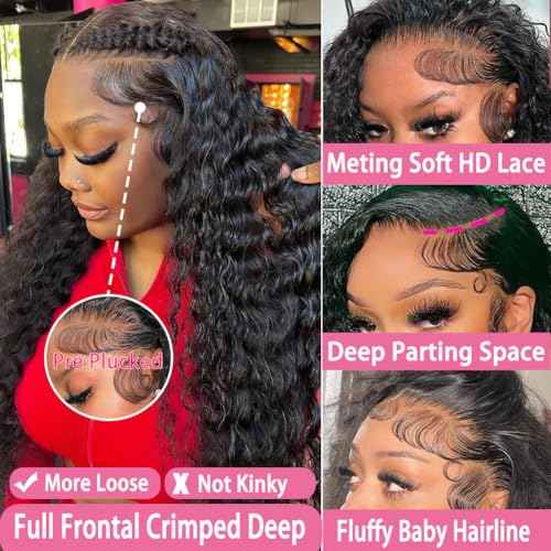250 Density Deep Wave Lace Front Wigs Human Hair Curly Wig Wet and Wavy Lace Front Wigs Pre Plucked Frontal Wigs 28 Inch 100% Real Human Hair No Synthetic No Tangle No Shedding Triple Lifespan 3X