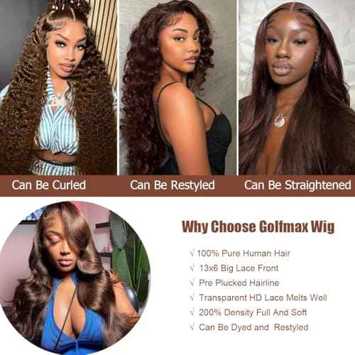 GOLFMAX Body Wave Lace Front Wigs Human Hair Chocolate Brown Lace Front Wig Human Hair 13x6 Transparent Lace Front Wigs Human Hairs Wigs For Black Women 4# Brown Wig 24 Inch
