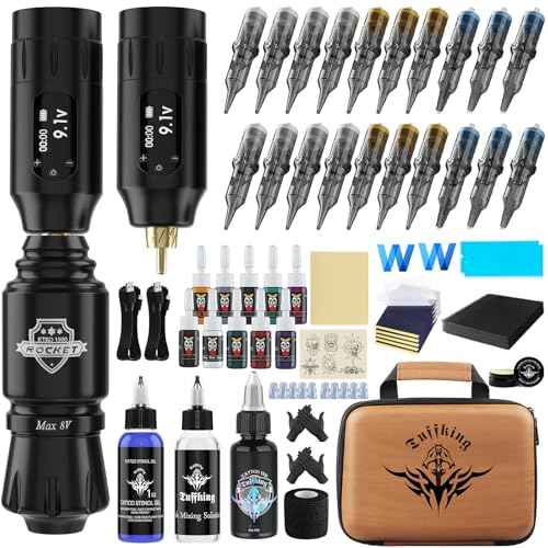 Tattoo Gun Kit - Perfessional Tattoo Machine Kit for Beginners Complete Tattoo Set with 2 Batteries Rotary Tattoo Pen & 20Pcs Cartridge Needles for Artist Starter Tattoo Supplies (Battery-II-82Pcs)